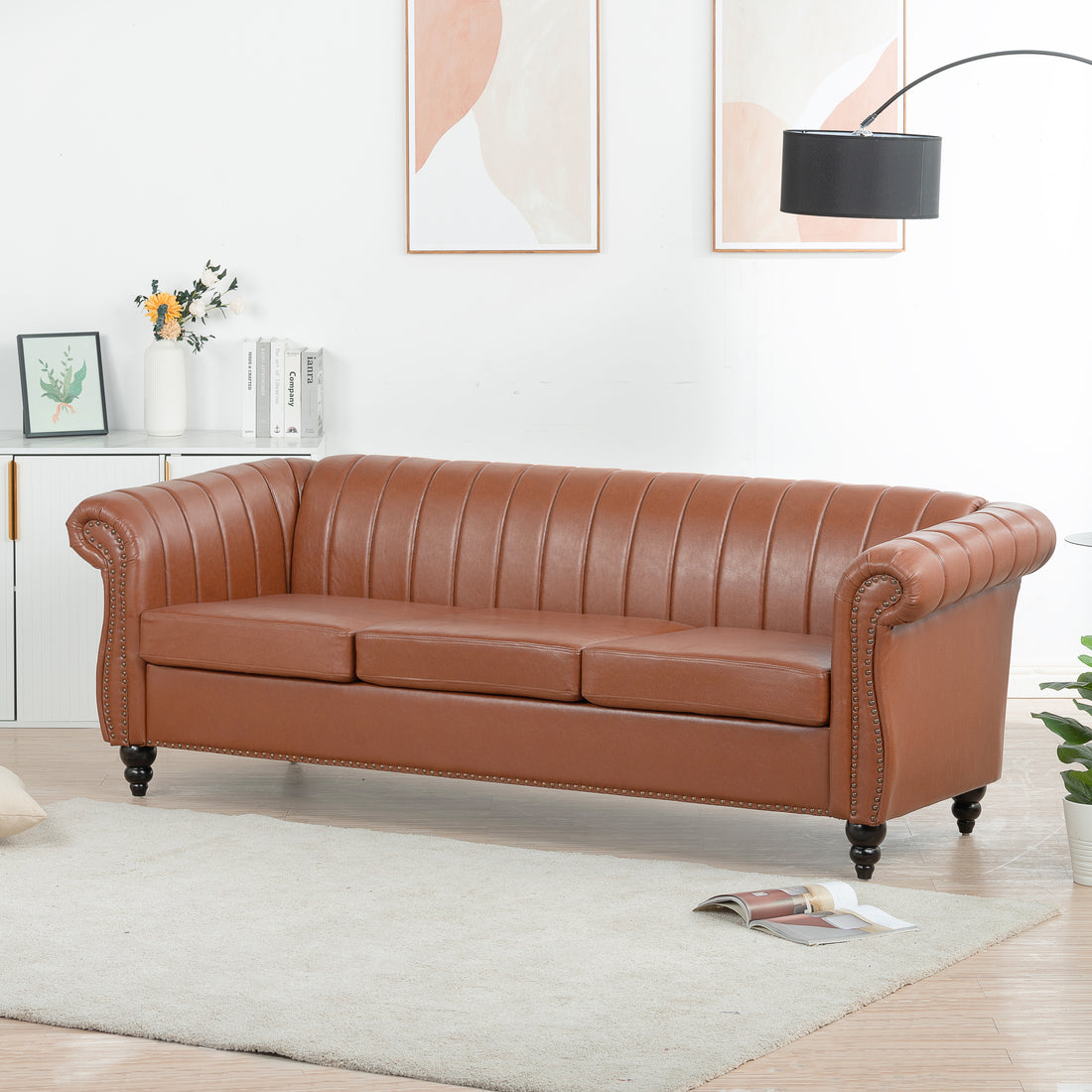 83.46" Brown Pu Rolled Arm Chesterfield Three Seater Sofa. Brown Pu