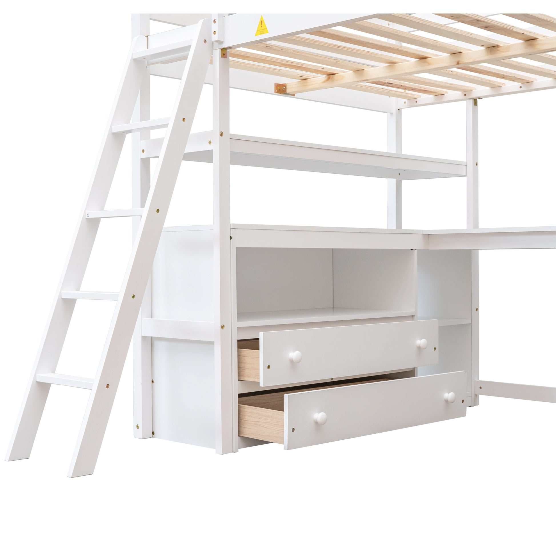 Full Size Loft Bed With Desk And Shelves,Two Built In Drawers,White White Pine