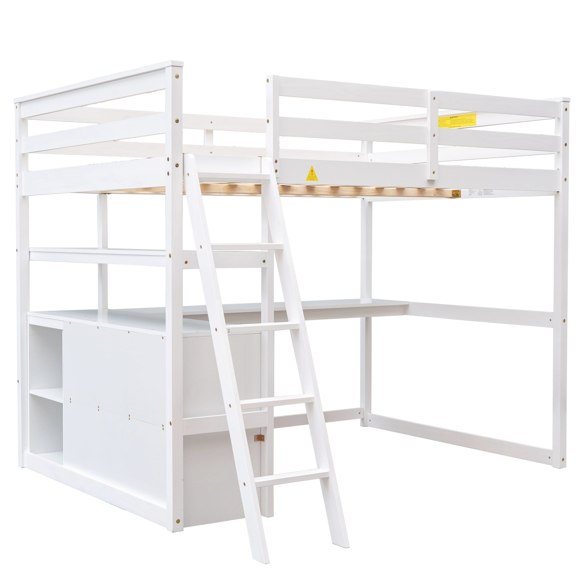 Full Size Loft Bed With Desk And Shelves,Two Built In Drawers,White White Pine