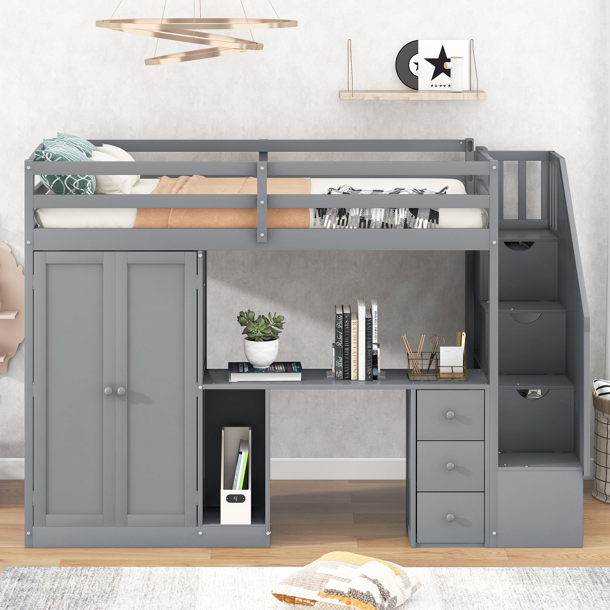 Twin Size Loft Bed With Wardrobe And Staircase, Desk And Storage Drawers And Cabinet In 1,Gray Gray Pine