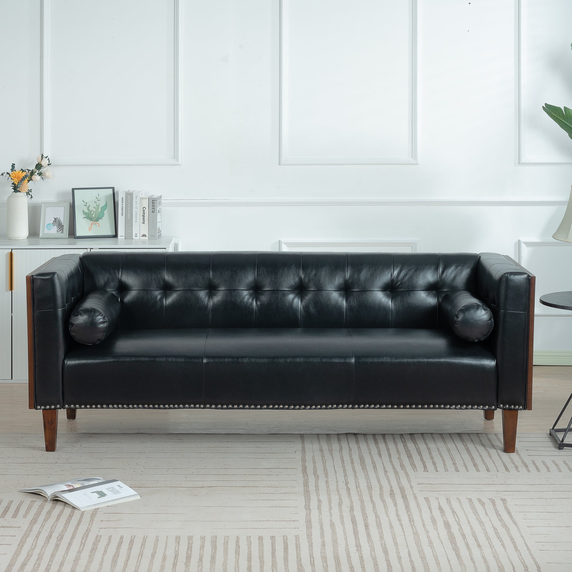 78.74" Wooden Decorated Arm 3 Seater Sofa Black Pu Pu