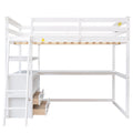 Full Size Loft Bed With Desk And Shelves,Two Built In Drawers,White White Pine