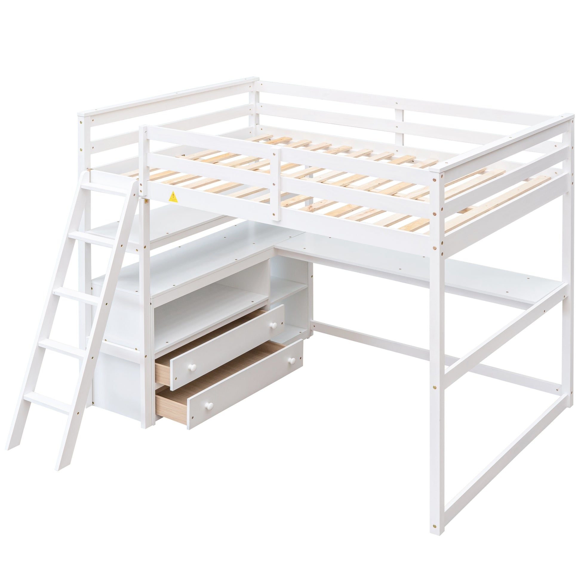 Full Size Loft Bed With Desk And Shelves,Two Built In Drawers,White White Pine