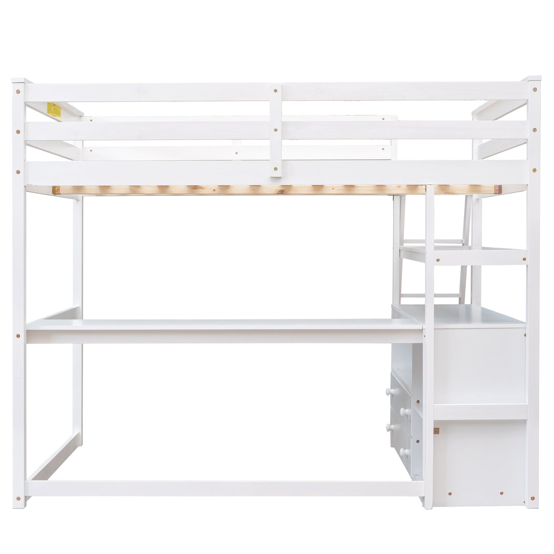 Full Size Loft Bed With Desk And Shelves,Two Built In Drawers,White White Pine