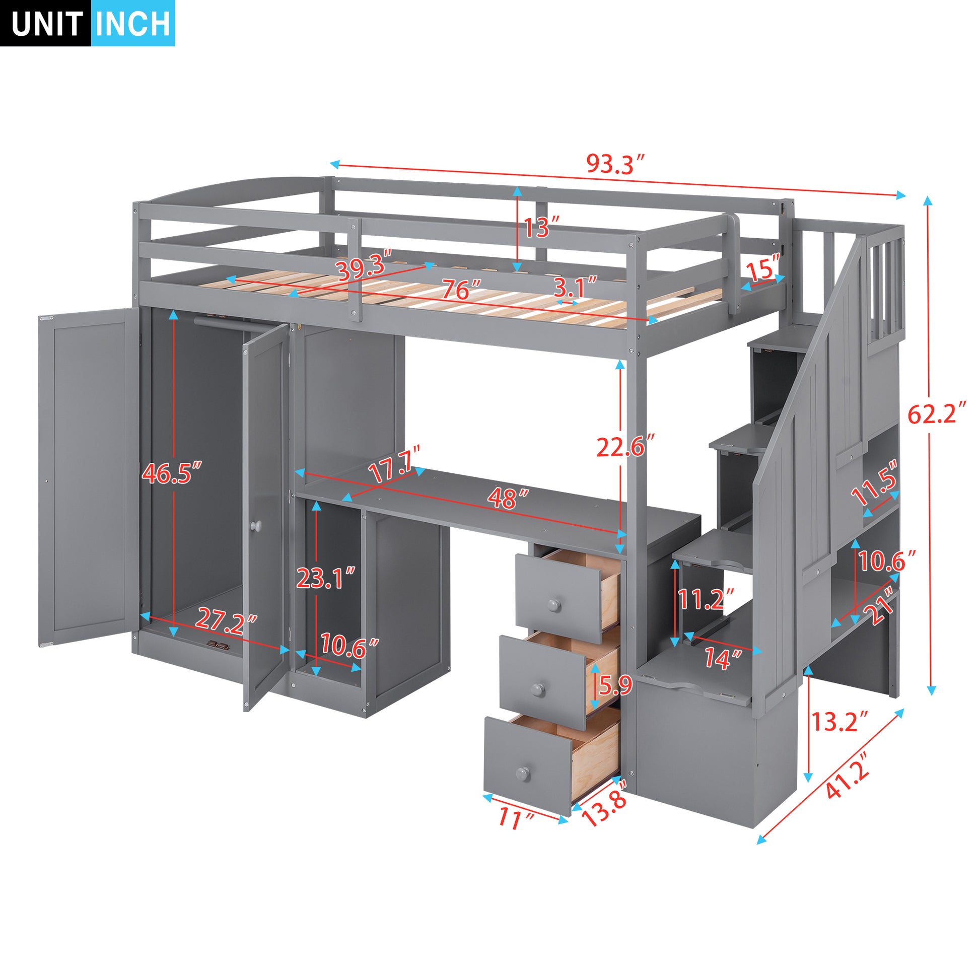 Twin Size Loft Bed With Wardrobe And Staircase, Desk And Storage Drawers And Cabinet In 1,Gray Gray Pine