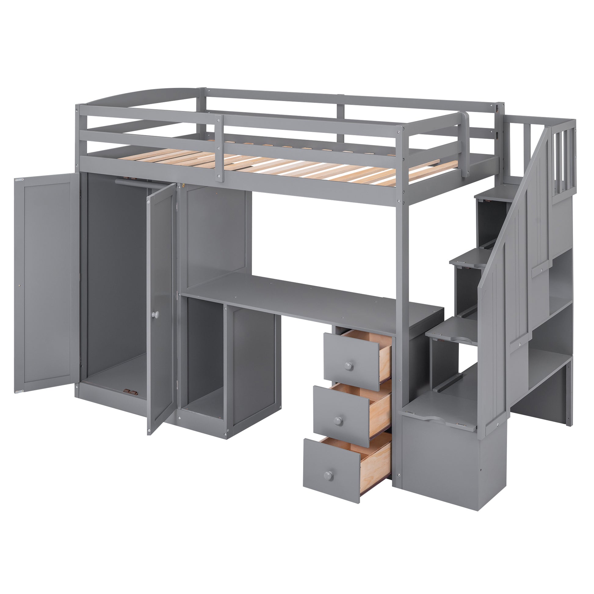 Twin Size Loft Bed With Wardrobe And Staircase, Desk And Storage Drawers And Cabinet In 1,Gray Gray Pine