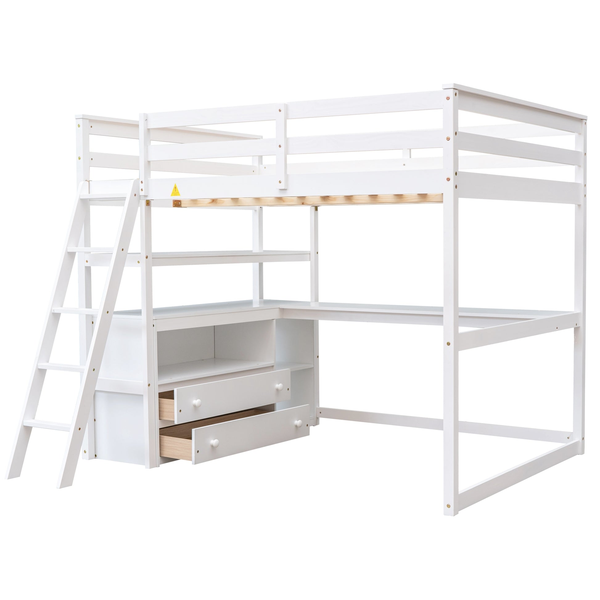 Full Size Loft Bed With Desk And Shelves,Two Built In Drawers,White White Pine