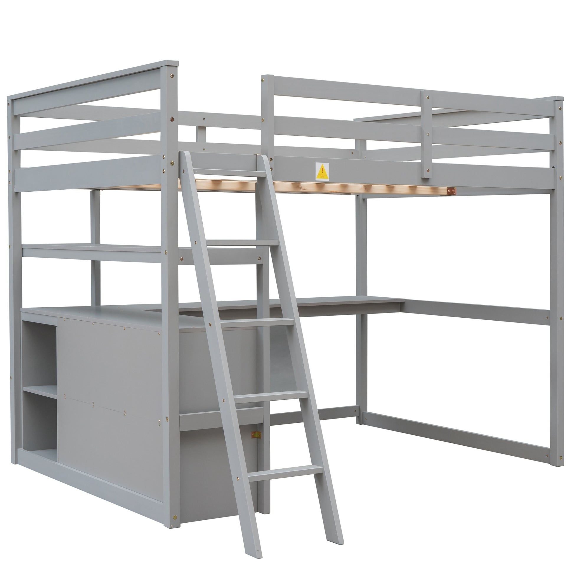 Full Size Loft Bed With Desk And Shelves,Two Built In Drawers,Gray Gray Pine