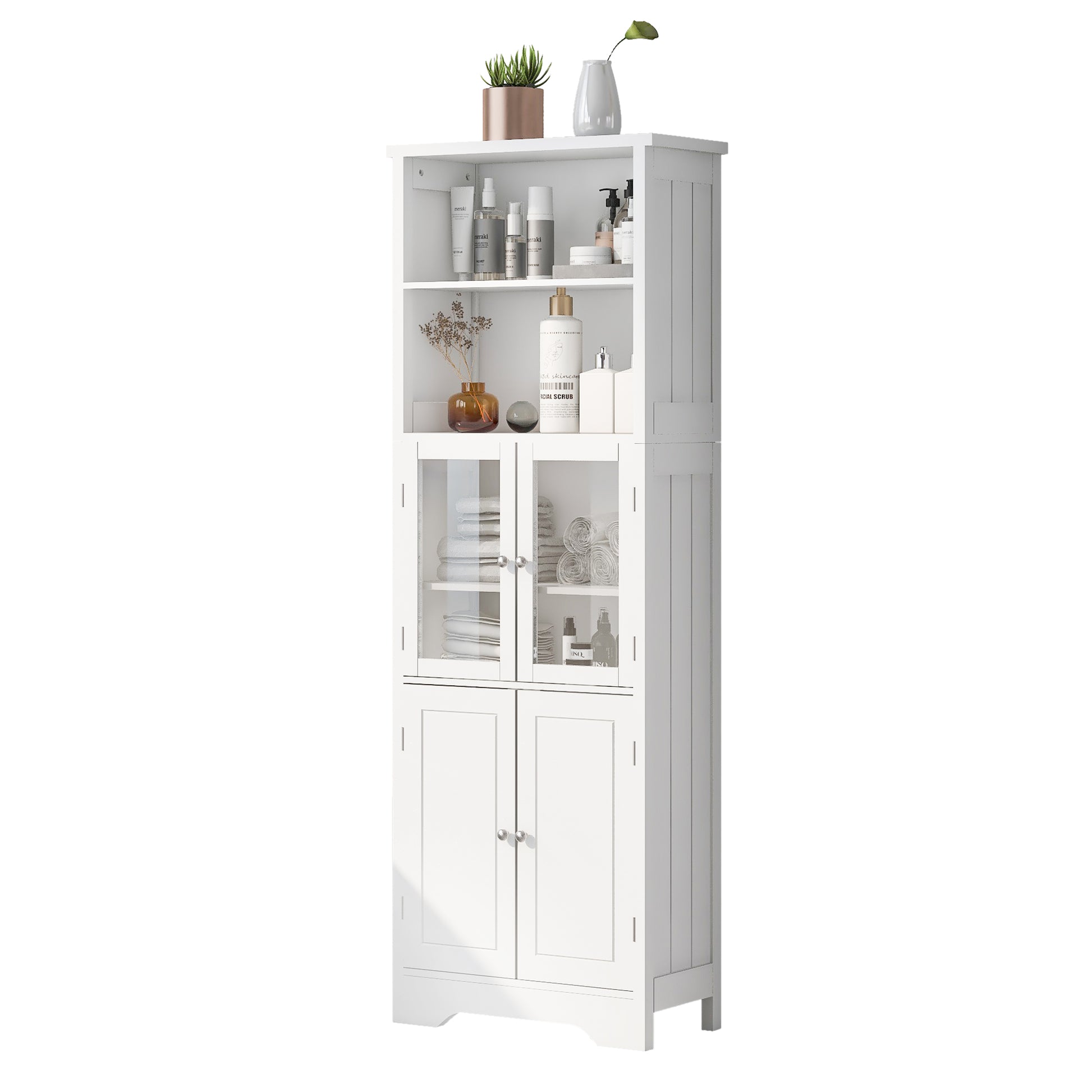 White Tall Storage Cabinet With Shelves And Doors For Bathroom, Kitchen And Living Room, Mdf Board White Mdf