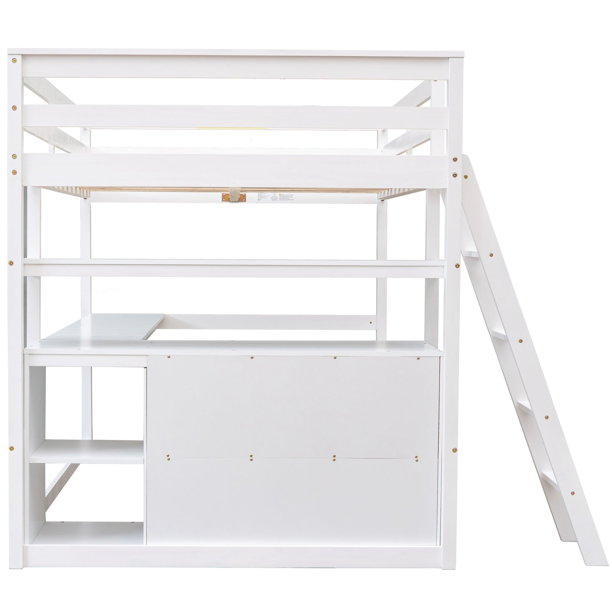 Full Size Loft Bed With Desk And Shelves,Two Built In Drawers,White White Pine