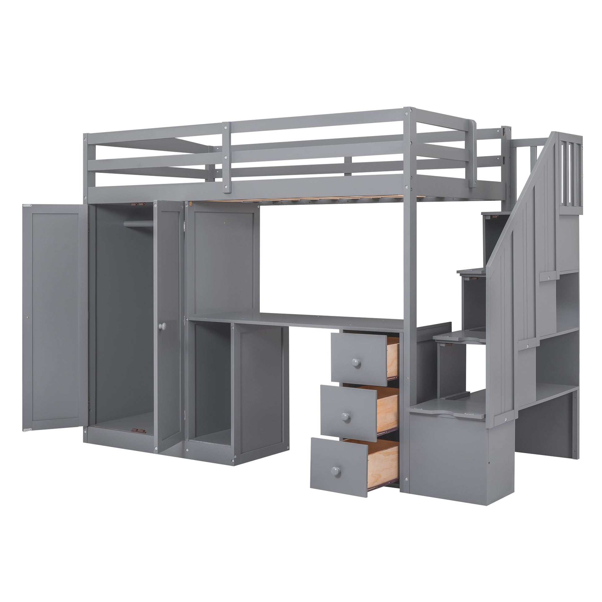 Twin Size Loft Bed With Wardrobe And Staircase, Desk And Storage Drawers And Cabinet In 1,Gray Gray Pine