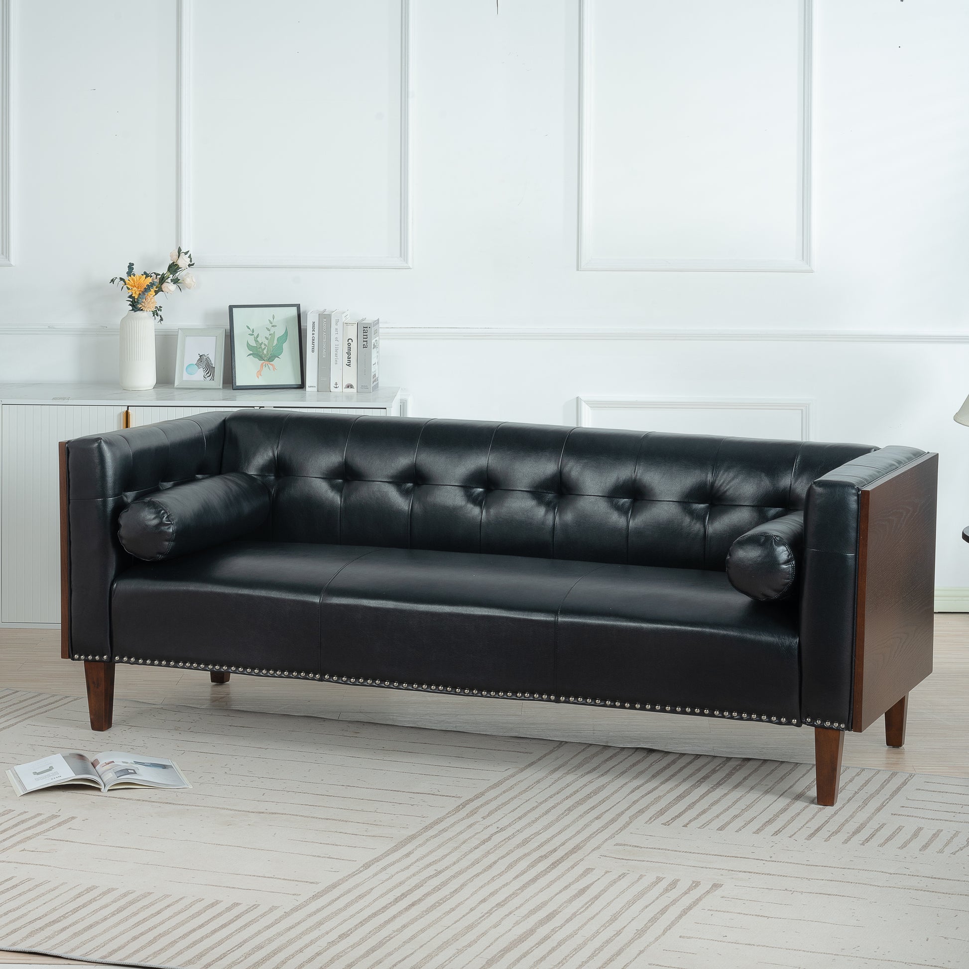 78.74" Wooden Decorated Arm 3 Seater Sofa Black Pu Pu