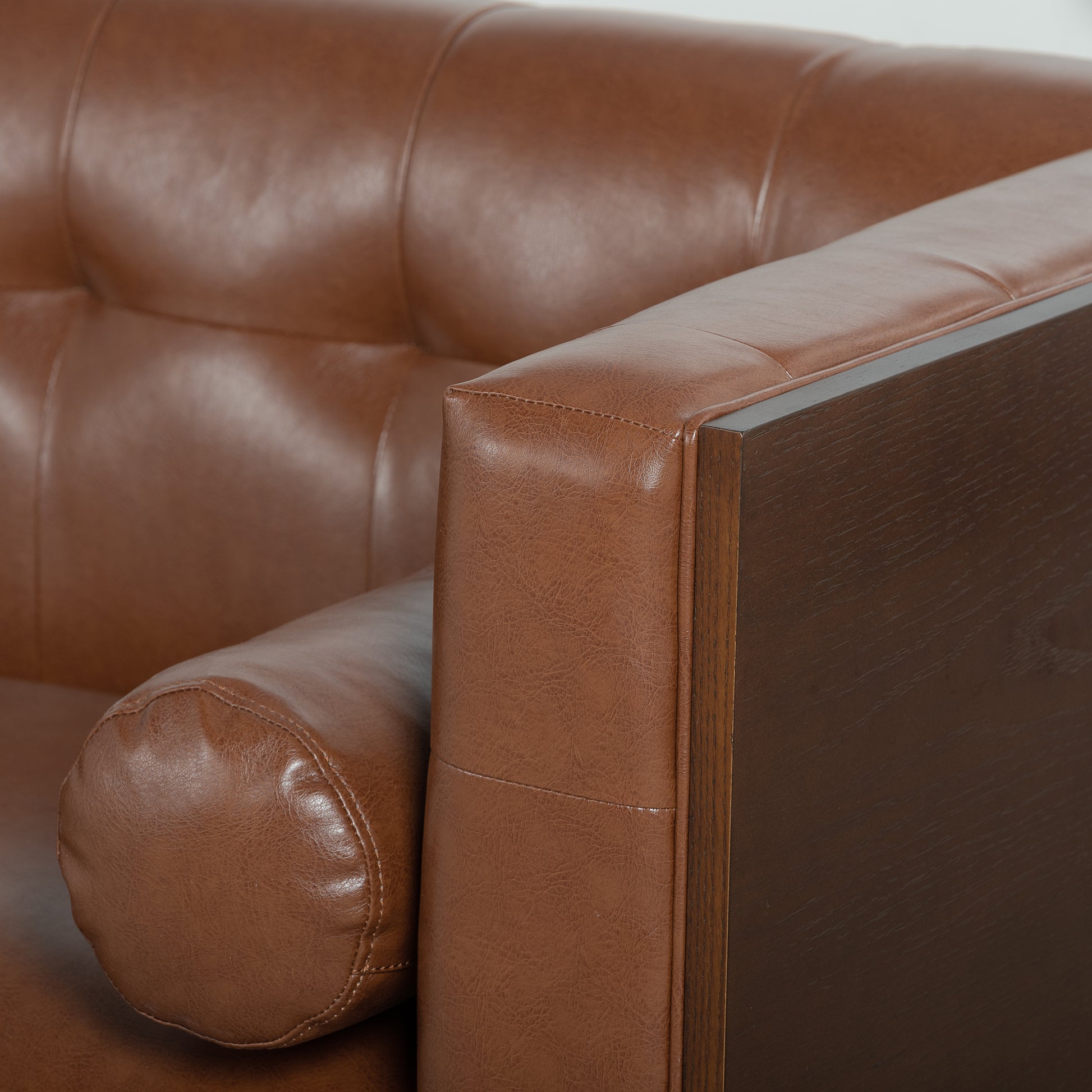 78.74" Wooden Decorated Arm 3 Seater Sofa Brown Pu Pu