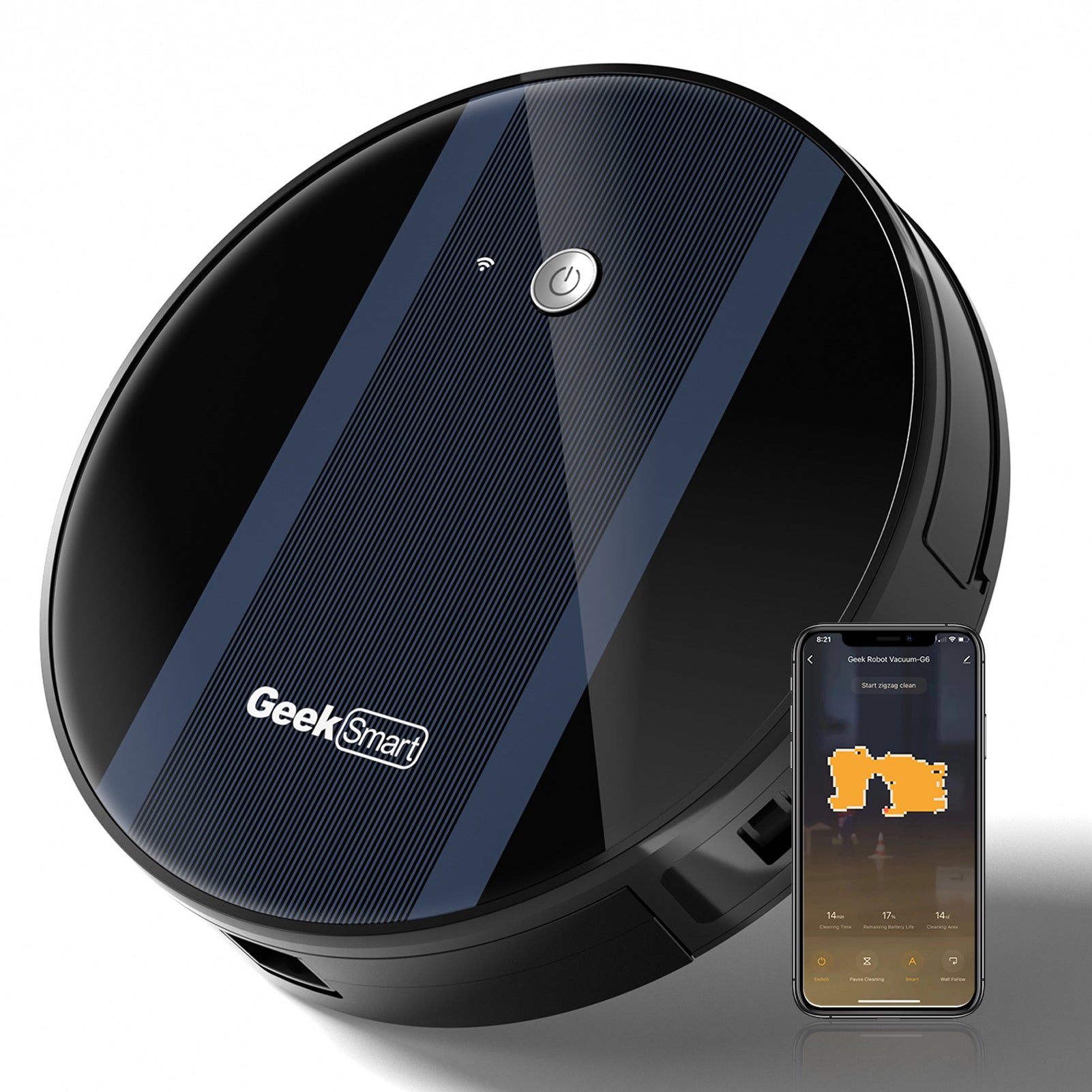 Geek Smart Robot Vacuum Cleaner G6, Ultra Thin, 1800Pa Strong Suction, Automatic Self Charging, Wi Fi Connectivity, App Control, Custom Cleaning, 100Mins Run Time Ban On Black Brown Abs Pc