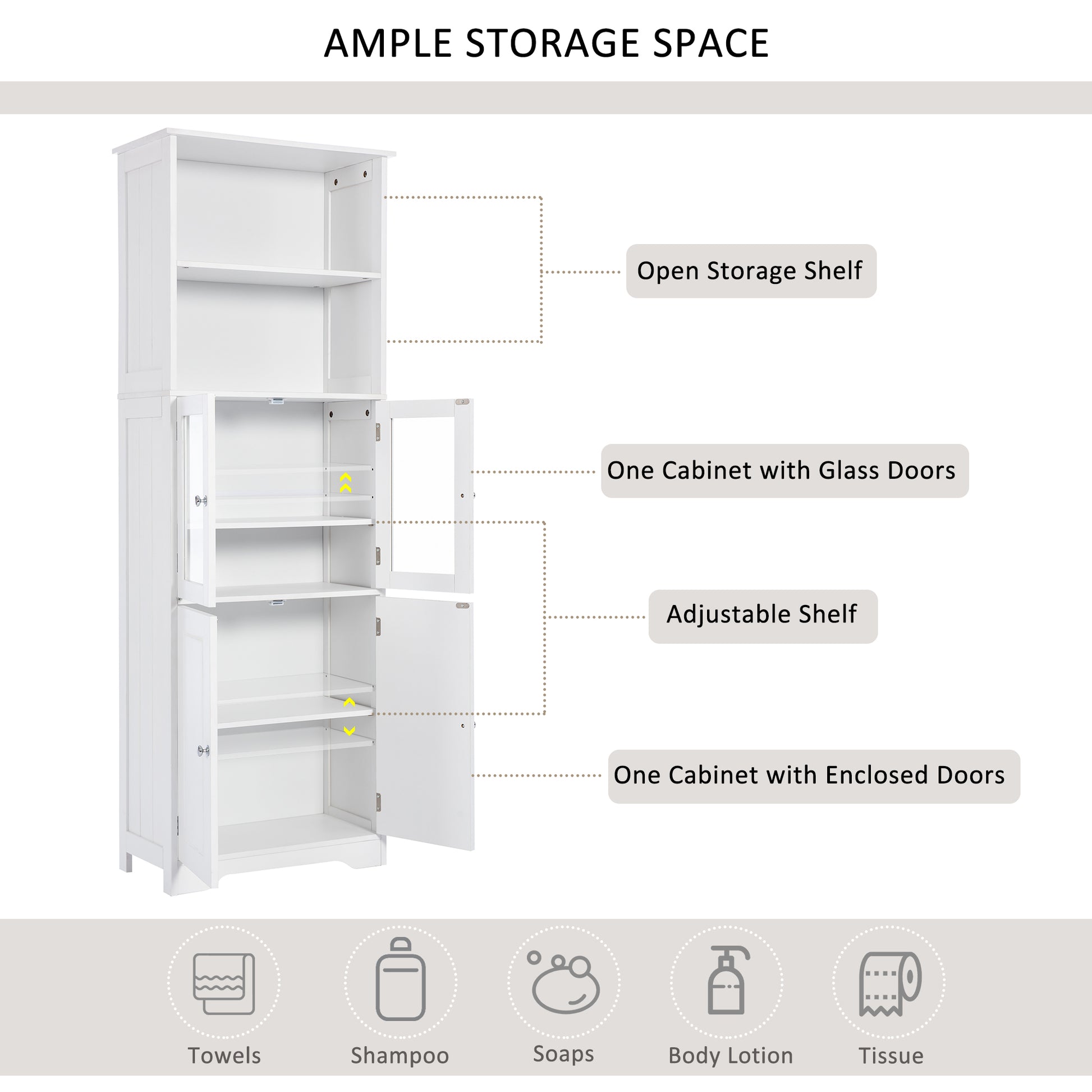 White Tall Storage Cabinet With Shelves And Doors For Bathroom, Kitchen And Living Room, Mdf Board White Mdf