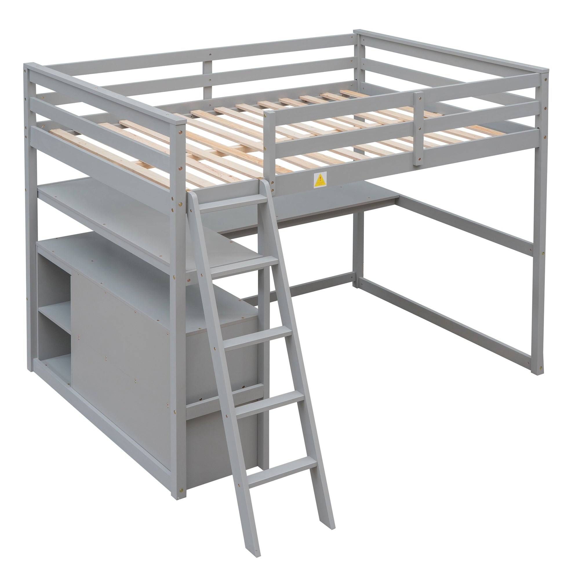 Full Size Loft Bed With Desk And Shelves,Two Built In Drawers,Gray Gray Pine