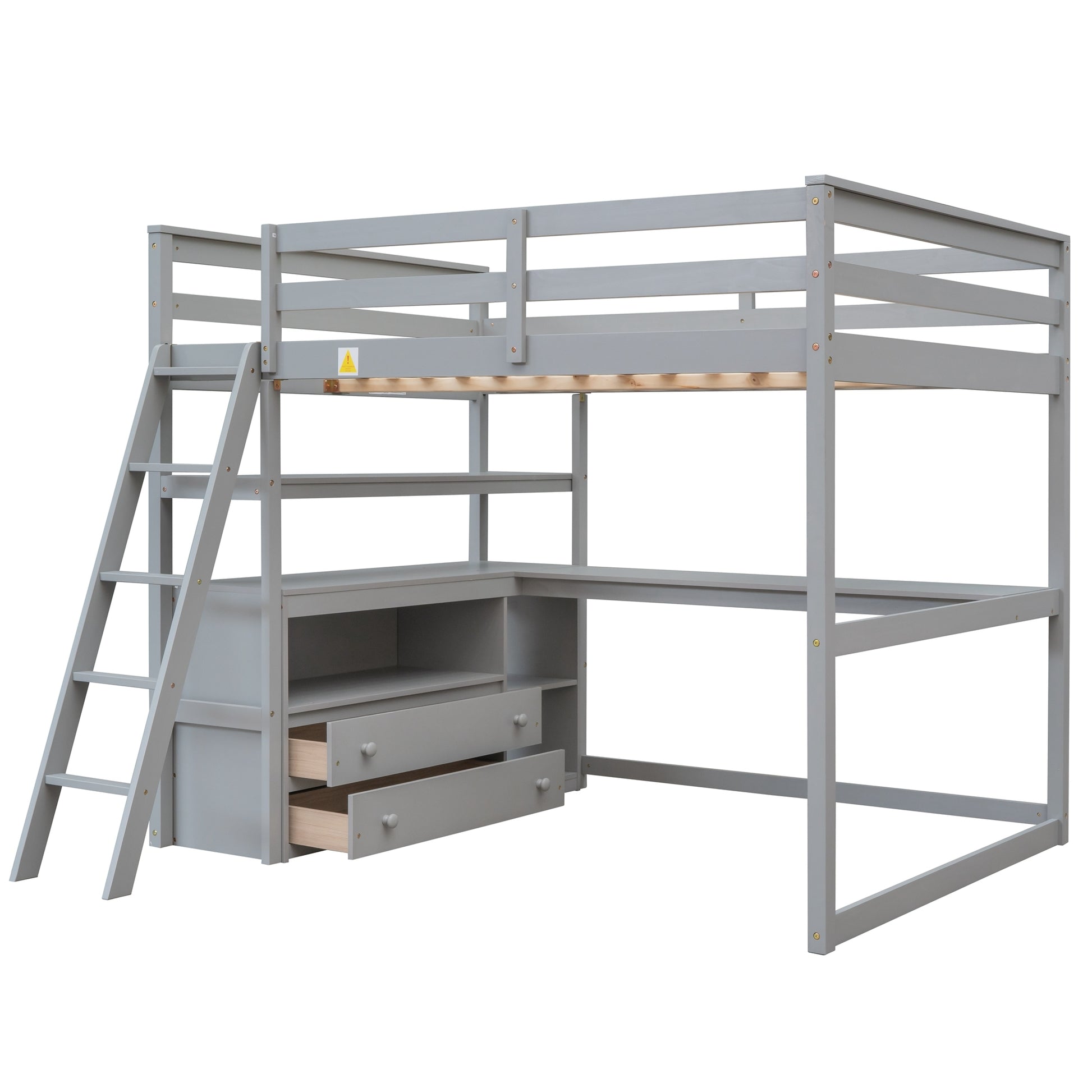 Full Size Loft Bed With Desk And Shelves,Two Built In Drawers,Gray Gray Pine