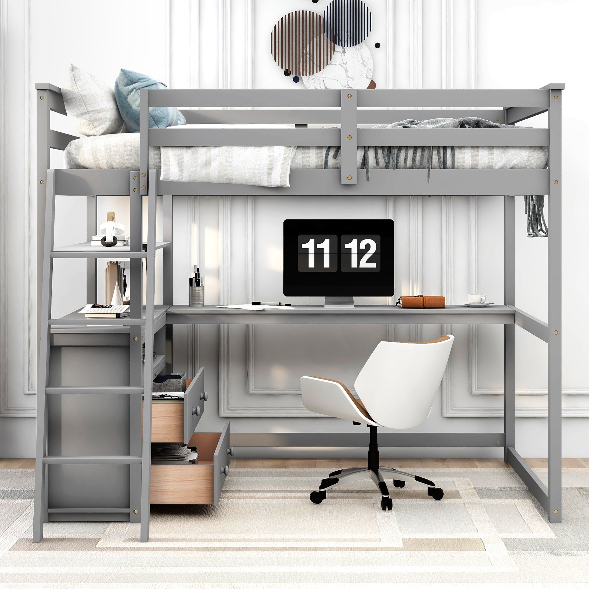 Full Size Loft Bed With Desk And Shelves,Two Built In Drawers,Gray Gray Pine