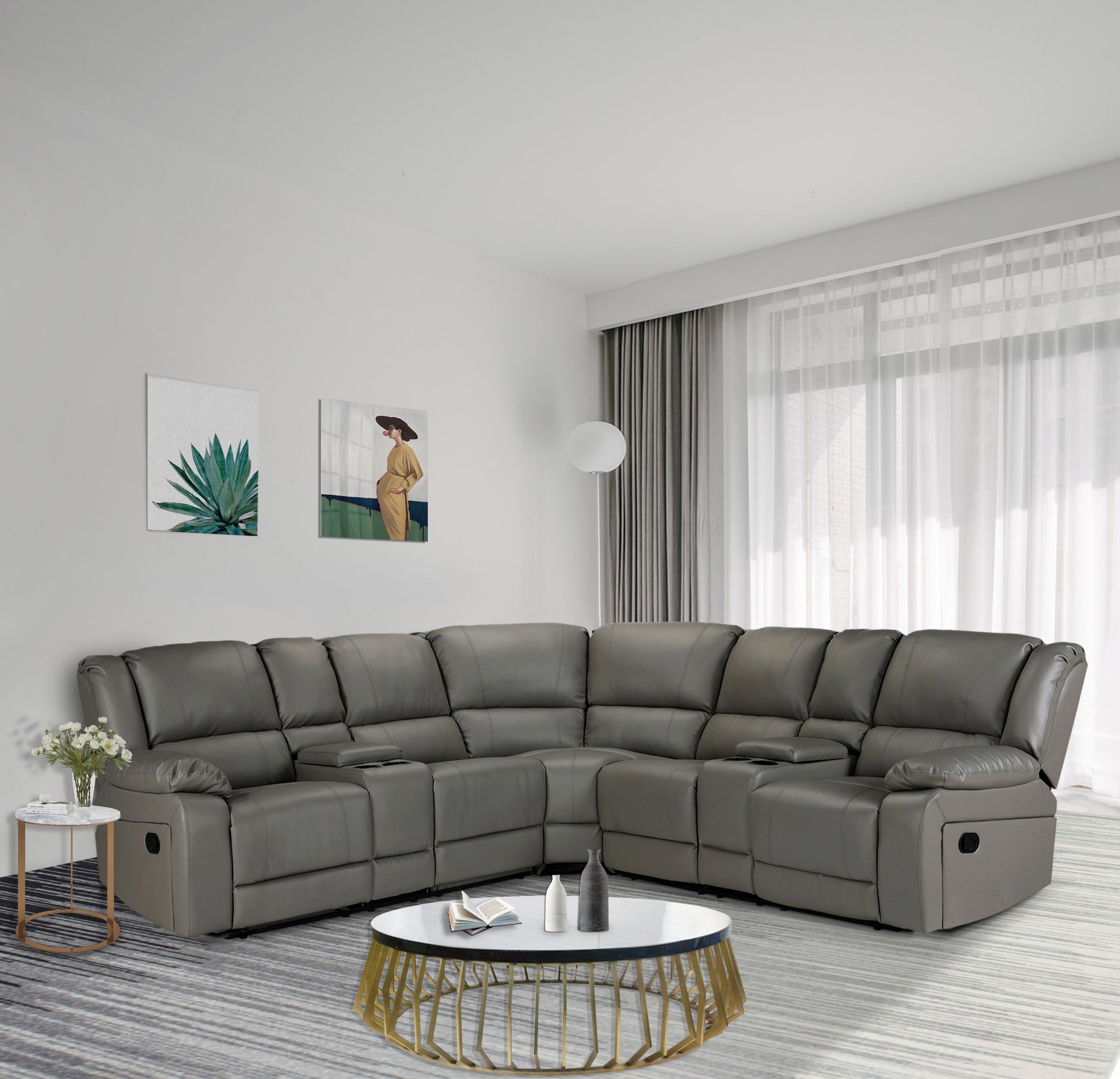 Sectional Manual Reclining Sofa Grey Pu Grey Pu