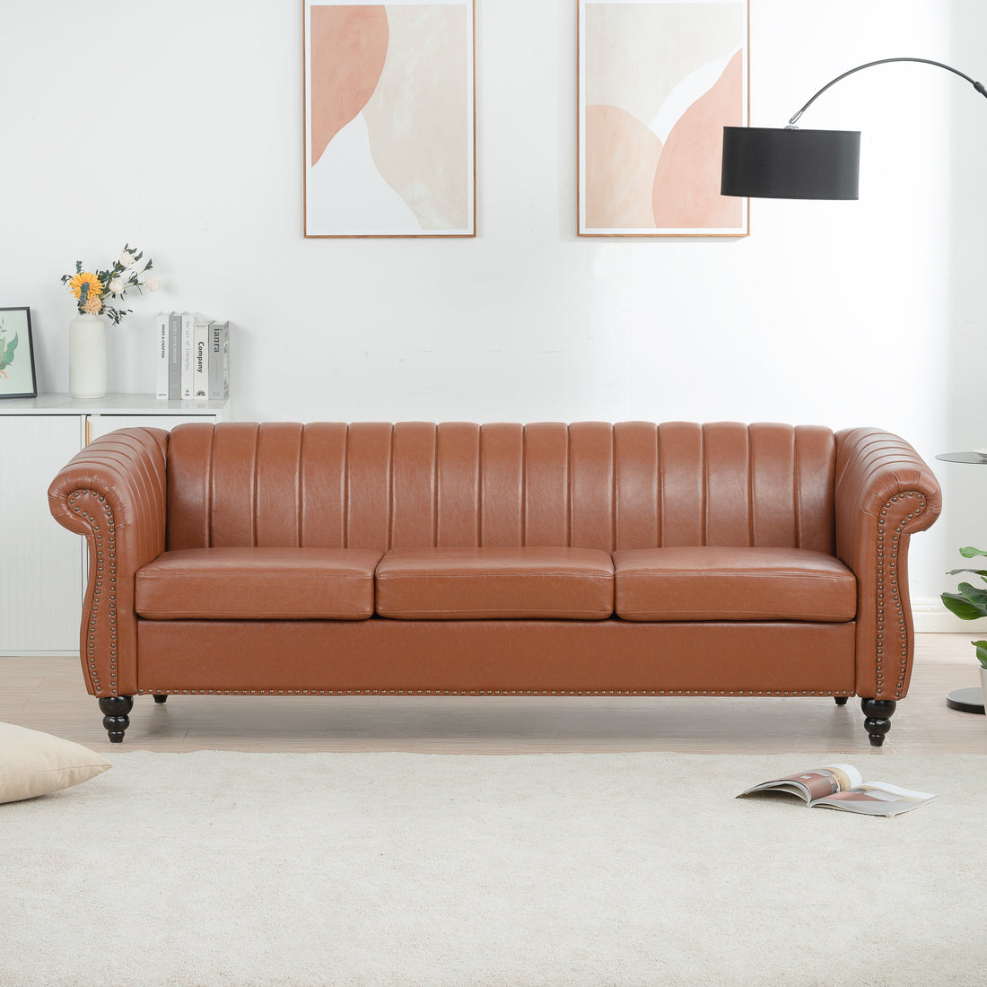 83.46" Brown Pu Rolled Arm Chesterfield Three Seater Sofa. Brown Pu