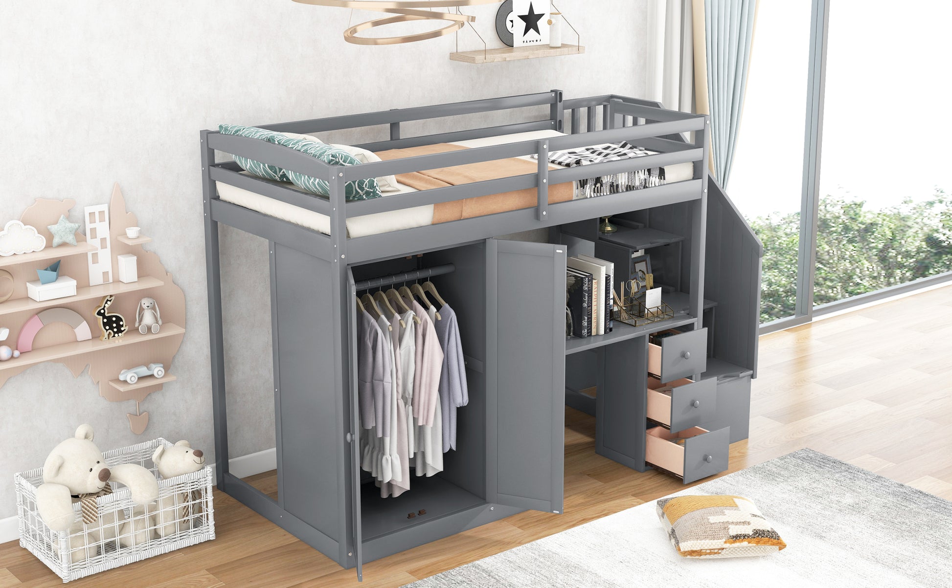 Twin Size Loft Bed With Wardrobe And Staircase, Desk And Storage Drawers And Cabinet In 1,Gray Gray Pine