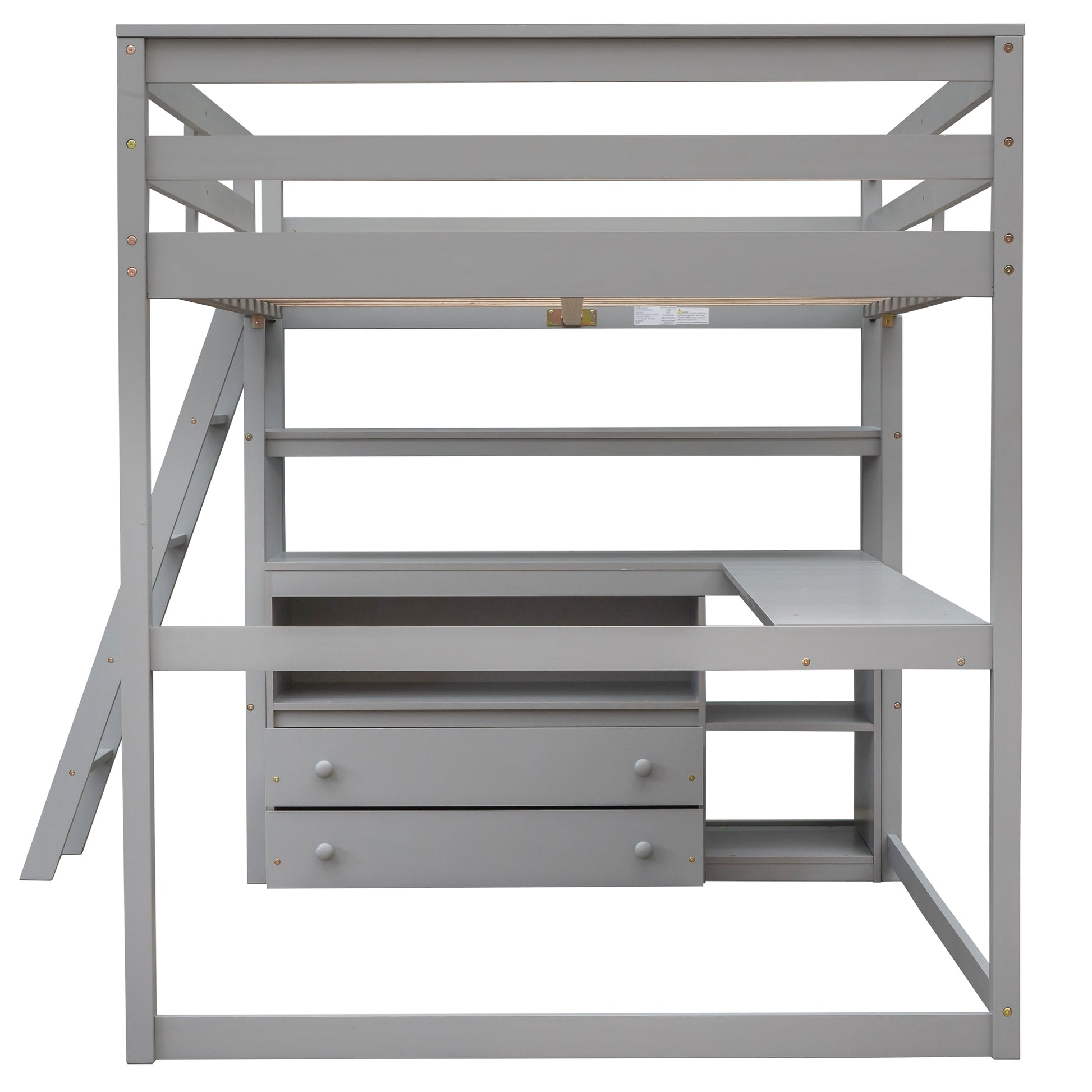 Full Size Loft Bed With Desk And Shelves,Two Built In Drawers,Gray Gray Pine