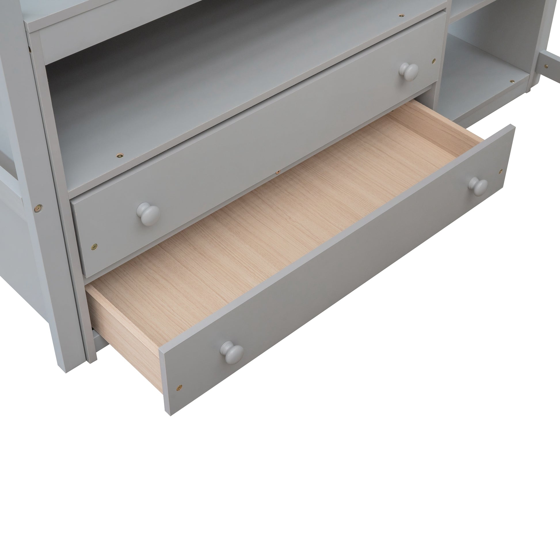 Full Size Loft Bed With Desk And Shelves,Two Built In Drawers,Gray Gray Pine