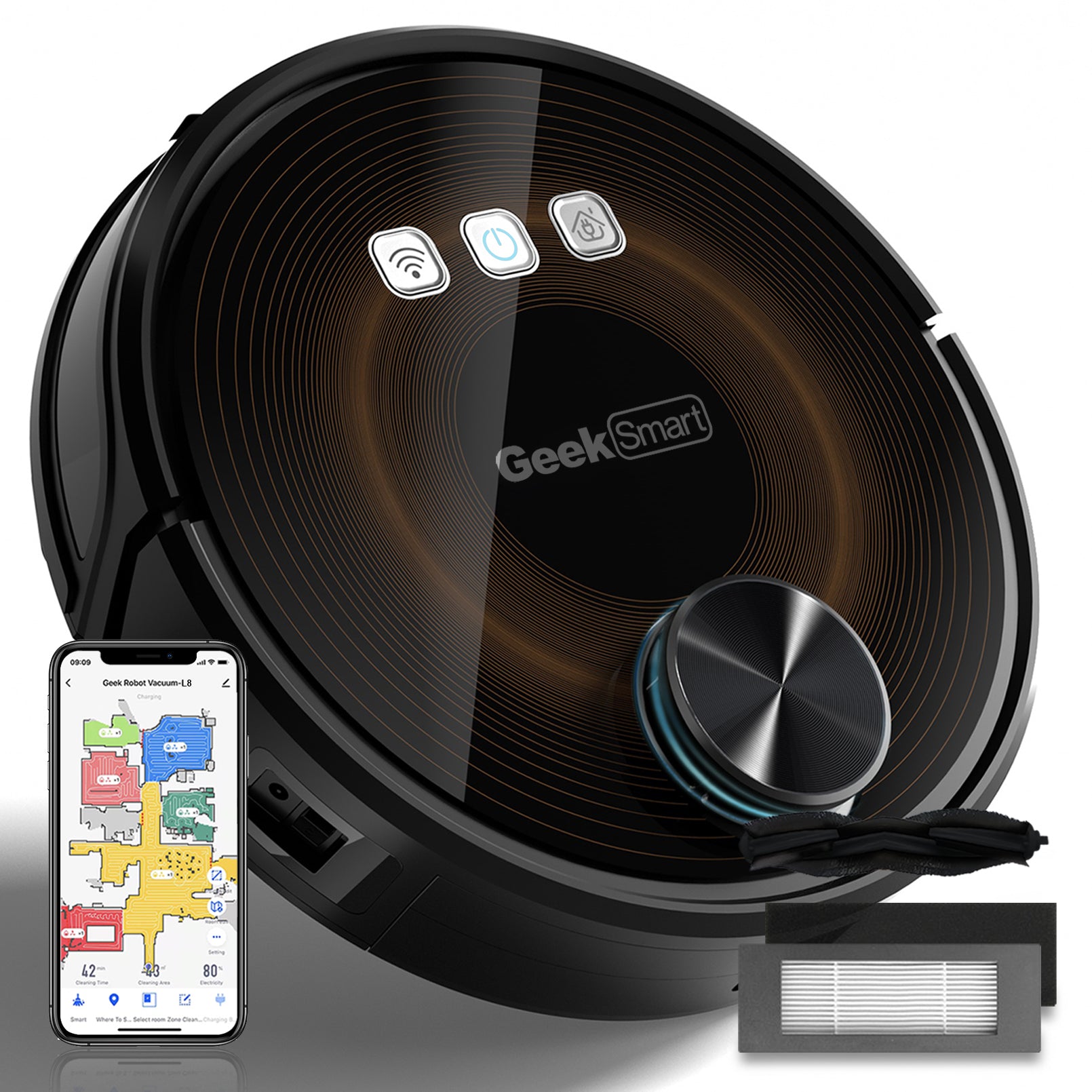 Geek Smart L8 Robot Vacuum Cleaner And Mop, Lds Navigation, Wi Fi Connected App, Selective Room Cleaning,Max 2700 Pa Suction, Ideal For Pets And Larger Home Ban On Black Brown Abs Abs