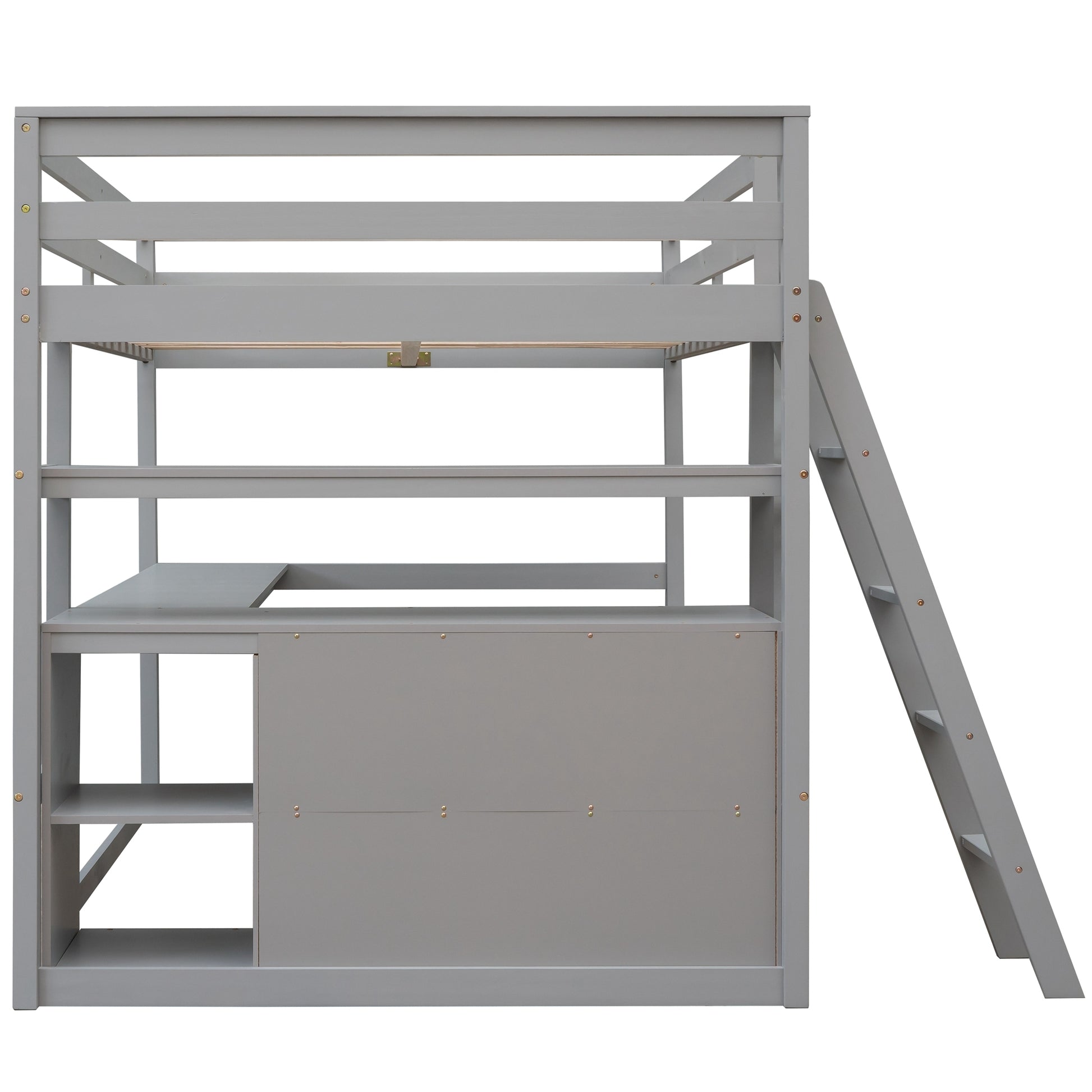 Full Size Loft Bed With Desk And Shelves,Two Built In Drawers,Gray Gray Pine