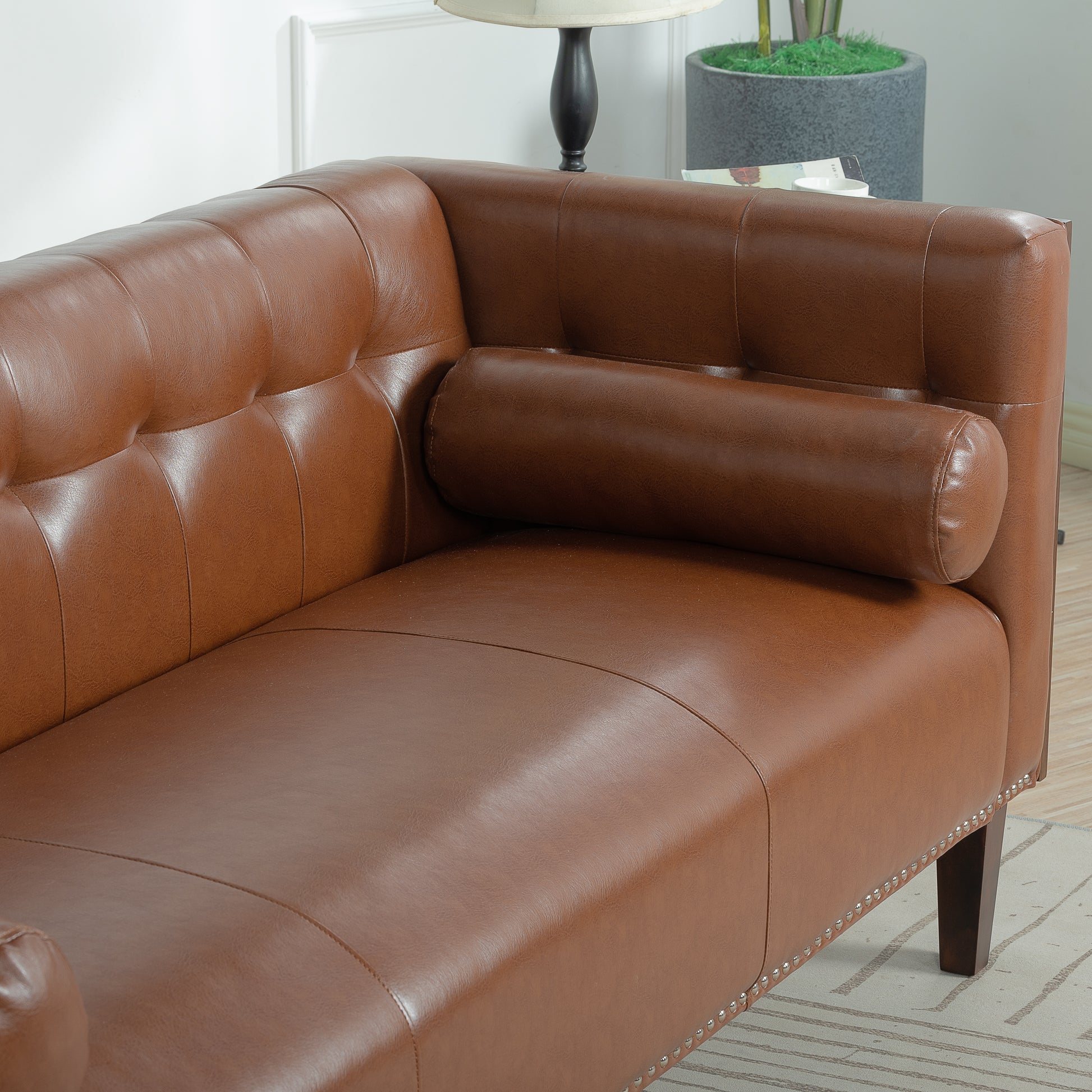 78.74" Wooden Decorated Arm 3 Seater Sofa Brown Pu Pu