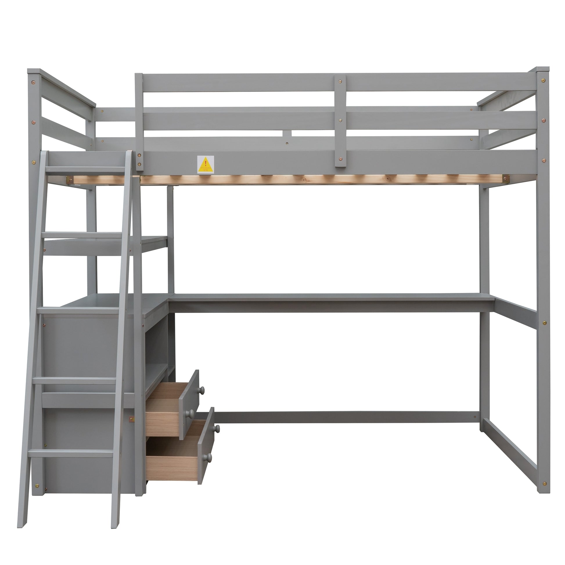 Full Size Loft Bed With Desk And Shelves,Two Built In Drawers,Gray Gray Pine