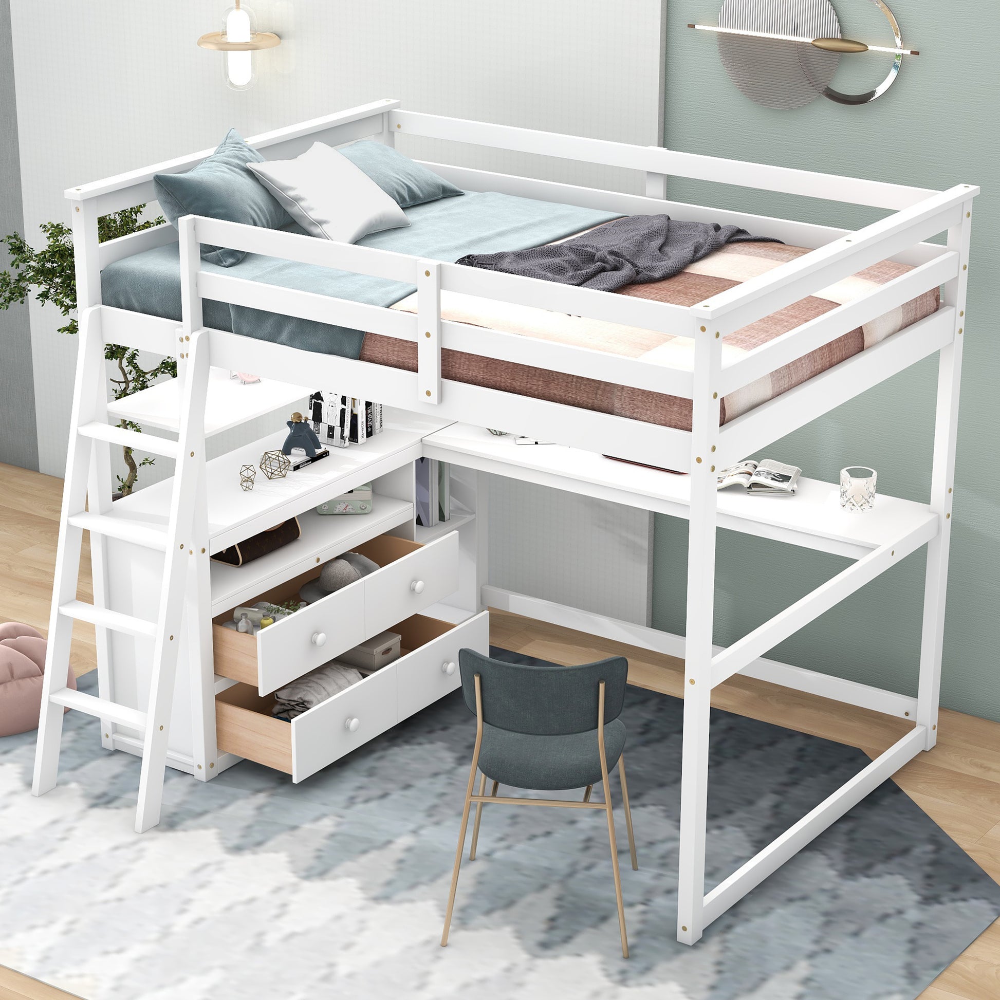 Full Size Loft Bed With Desk And Shelves,Two Built In Drawers,White White Pine