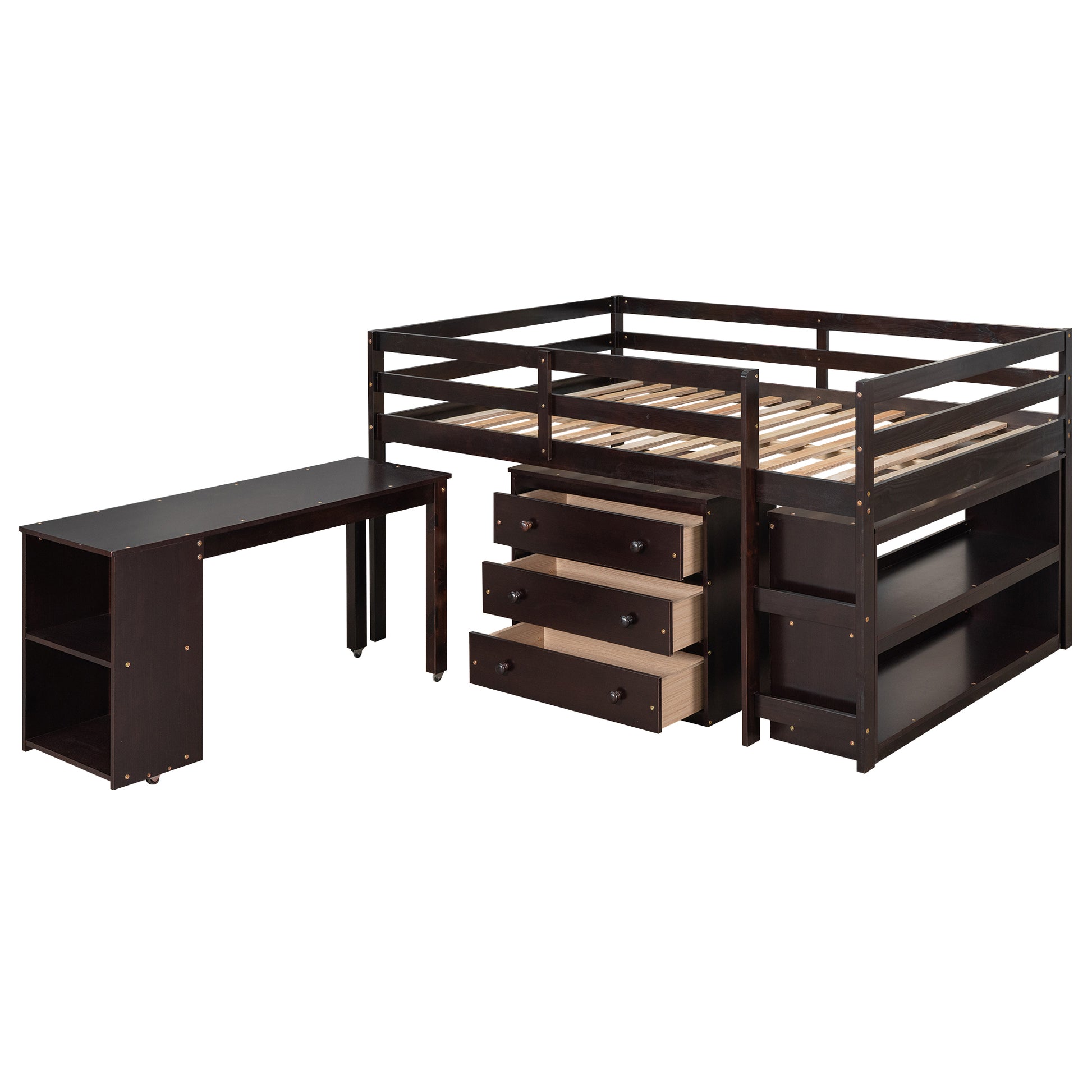 Low Study Full Loft Bed With Cabinet ,Shelves And Rolling Portable Desk ,Multiple Functions Bed Espresso Espresso Solid Wood