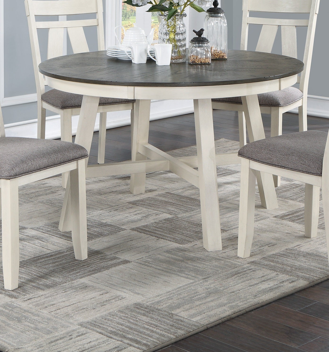 Dining Room Furniture 5Pc Dining Set Round Table And 4X Side Chairs Gray Fabric Cushion Seat White Clean Lines Wooden Table Top Antique White Gray Dining Room Classic,Contemporary,Modern Rubberwood Solid Wood