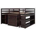 Low Study Full Loft Bed With Cabinet ,Shelves And Rolling Portable Desk ,Multiple Functions Bed Espresso Espresso Solid Wood