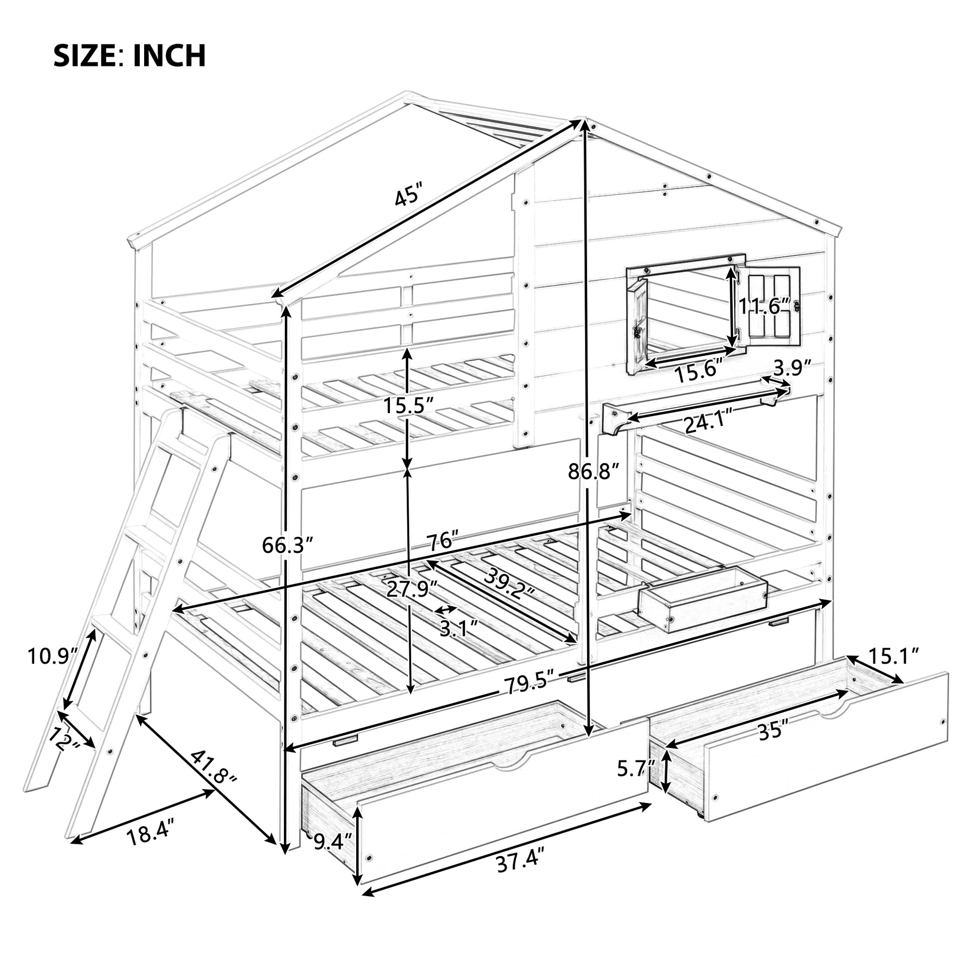 Twin Over Twin Bunk Bed With 2 Drawers, 1 Storage Box, 1 Shelf, Window And Roof White Old Sku:Lt000608Aak White Solid Wood