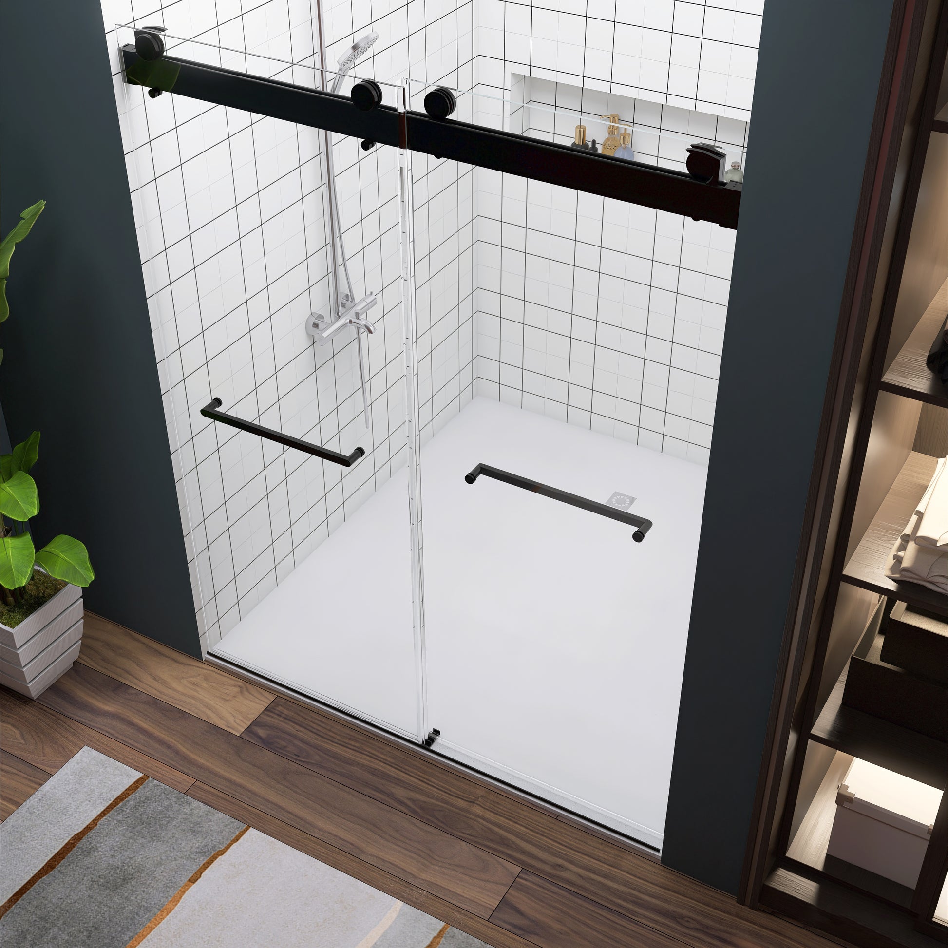 Frameless Double Sliding Shower, 57" 60" Width, 79" Height, 3 8" 10 Mm Clear Tempered Glass,Designed For Smooth Door Closing With Upgraded Crashproof System Technology Matte Black Finish Matte Black Glass