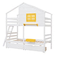 Twin Over Twin Bunk Bed With 2 Drawers, 1 Storage Box, 1 Shelf, Window And Roof White Old Sku:Lt000608Aak White Solid Wood