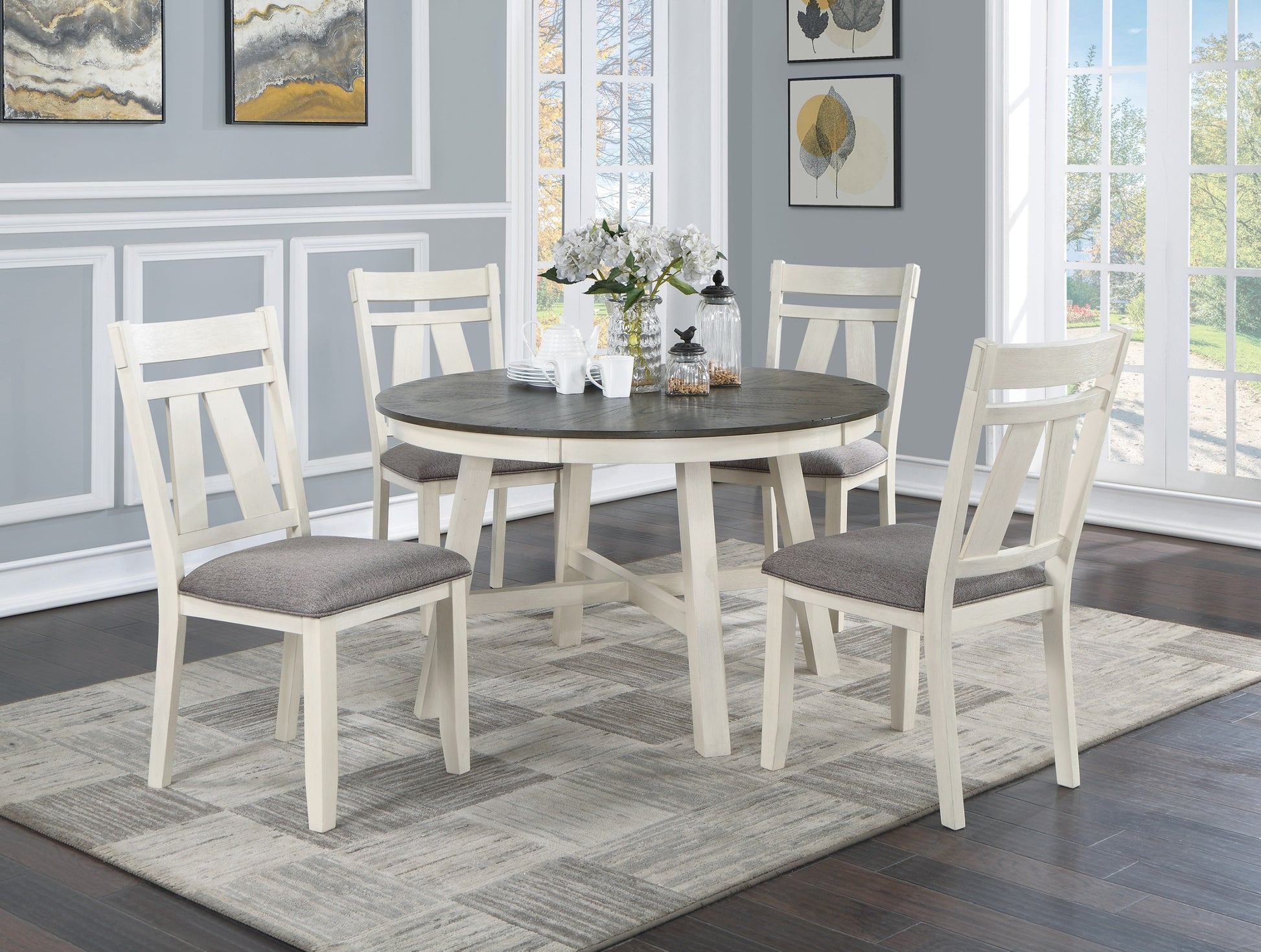 Dining Room Furniture Set Of 2 Chairs Gray Fabric Cushion Seat White Clean Lines Side Chairs Antique White Gray White Dining Room Classic,Contemporary,Modern Dining Chairs Rubberwood Solid Wood