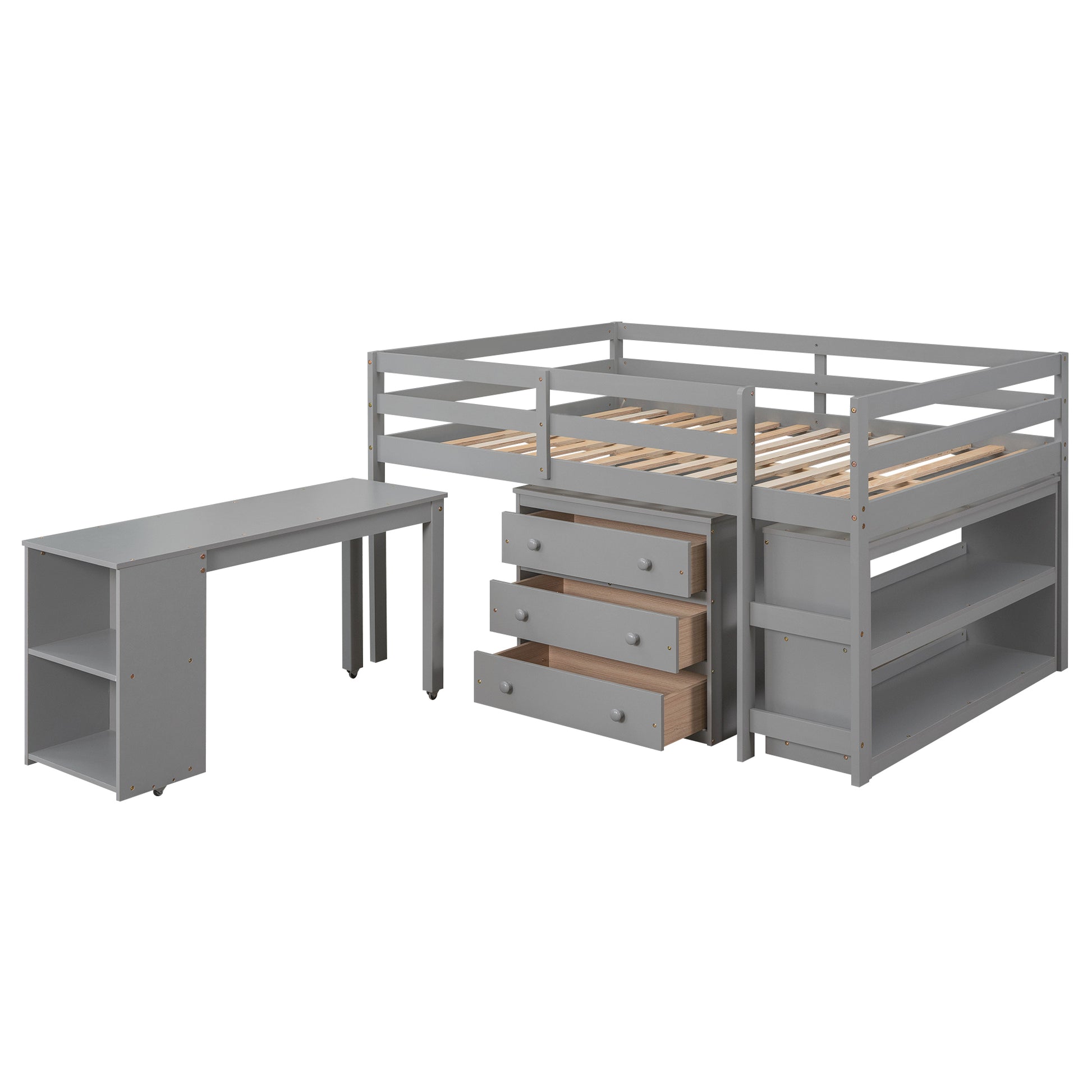 Low Study Full Loft Bed With Cabinet ,Shelves And Rolling Portable Desk ,Multiple Functions Bed Gray Gray Solid Wood