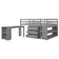 Low Study Full Loft Bed With Cabinet ,Shelves And Rolling Portable Desk ,Multiple Functions Bed Gray Gray Solid Wood