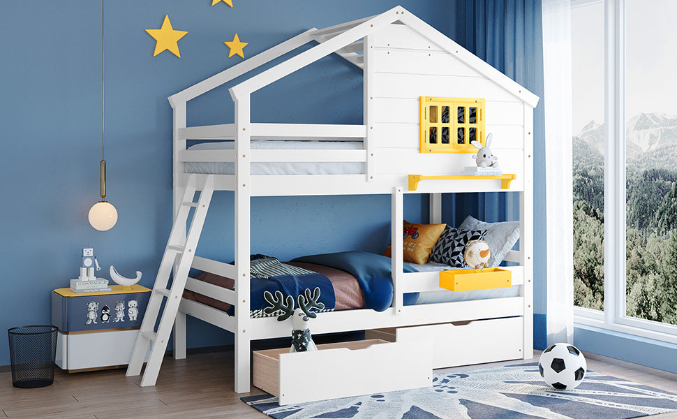 Twin Over Twin Bunk Bed With 2 Drawers, 1 Storage Box, 1 Shelf, Window And Roof White Old Sku:Lt000608Aak White Solid Wood