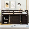 Low Study Full Loft Bed With Cabinet ,Shelves And Rolling Portable Desk ,Multiple Functions Bed Espresso Espresso Solid Wood