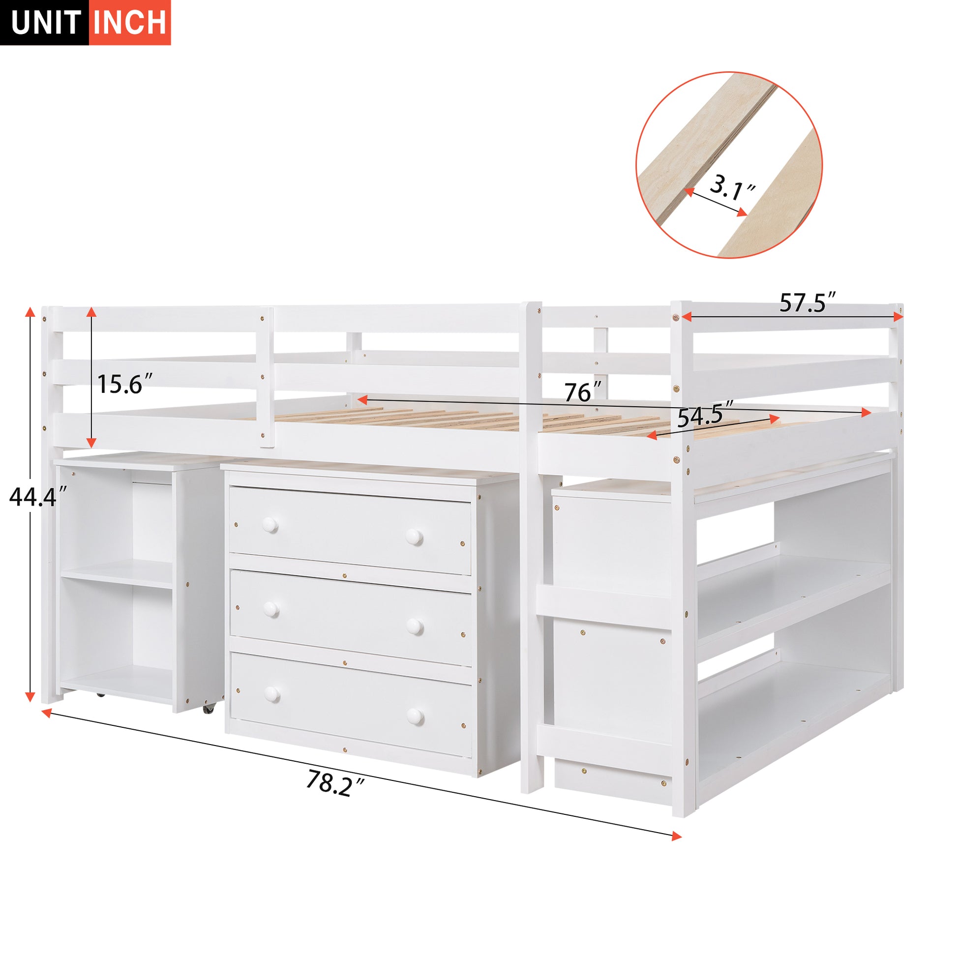 Low Study Full Loft Bed With Cabinet ,Shelves And Rolling Portable Desk ,Multiple Functions Bed White White Solid Wood