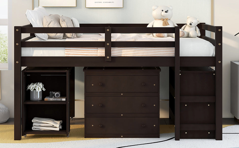 Low Study Full Loft Bed With Cabinet ,Shelves And Rolling Portable Desk ,Multiple Functions Bed Espresso Espresso Solid Wood