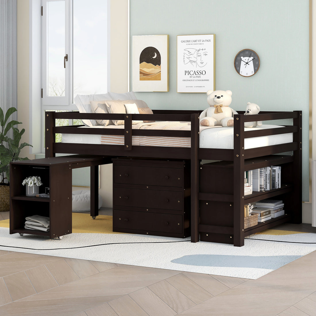 Low Study Full Loft Bed With Cabinet ,Shelves And Rolling Portable Desk ,Multiple Functions Bed Espresso Espresso Solid Wood