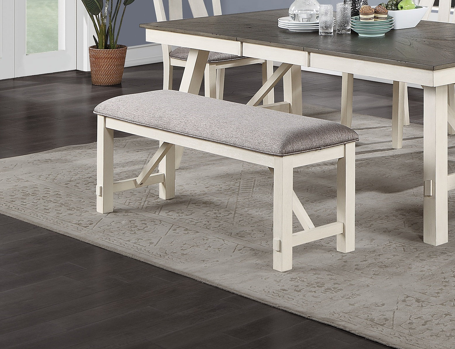 Dining Room Furniture 1X Bench Gray Fabric Cushion Seat White Clean Lines Antique White Gray White Dining Room Contemporary,Modern Rubberwood Solid Wood