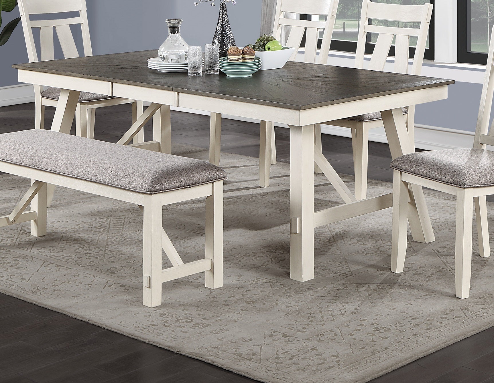 Dining Room Furniture 6Pc Dining Set Table W Leaf And 4X Side Chairs 1X Bench Gray Fabric Cushion Seat White Clean Lines Wooden Table Top Antique White Gray White Dining Room Contemporary,Modern Rubberwood Kitchen & Dining Tables Solid Wood