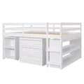 Low Study Full Loft Bed With Cabinet ,Shelves And Rolling Portable Desk ,Multiple Functions Bed White White Solid Wood