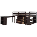 Low Study Full Loft Bed With Cabinet ,Shelves And Rolling Portable Desk ,Multiple Functions Bed Espresso Espresso Solid Wood